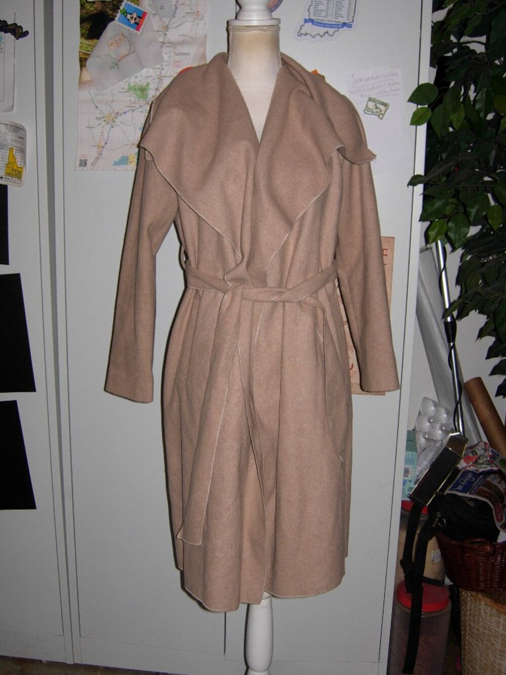 Wool Blend Camel Waterfall Belted Wrap Coat S